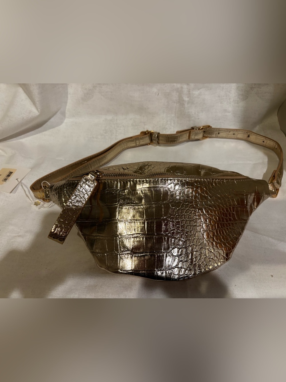 Croc-Embossed Metallic Crossbody Belt Bag — Gold